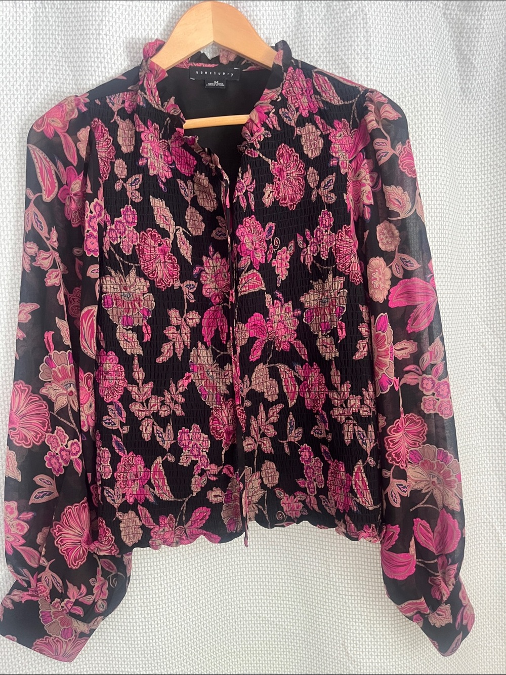 SanctuaryBlack Floral Ruffle-Neck Blouse - Pink Floral